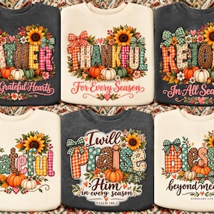 Peut inclure: Six sweat-shirts à col rond gris foncé et crème, chacun orné de motifs automnaux colorés avec tournesols, citrouilles, nœuds à carreaux et textes incluant Gather, Thankful, Rejoice, Grateful, I will praise Him et Blessed beyond measure.