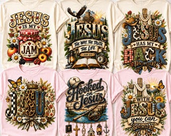 May include: Six t-shirts featuring graphic prints with religious themes. Designs include a jam jar, a mountain landscape with an open book, a cross with a cowboy hat, the word Jesus with floral patterns, a fishing rod, and a cross with sunflowers.