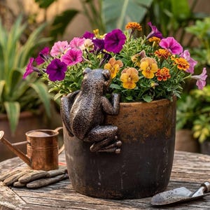May include: A dark brown cylindrical planter featuring a textured bronze-colored frog sculpture attached to the side. The planter is filled with a vibrant arrangement of purple, yellow, and orange flowers, accompanied by a small copper watering can.