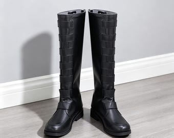 Botas negras altas hasta la rodilla personalizadas para cosplay, calzado de disfraz de anime estilo caballero espacial medieval.