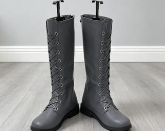Niestandardowe ciemnoszare sznurowane buty do kolan w stylu cosplay, taktyczne buty do kostiumów anime
