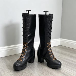 Custom Black Gothic Knee-High Cosplay Boots, Dual-Tone Lacing, Platform Heels, Anime Costume Footwear