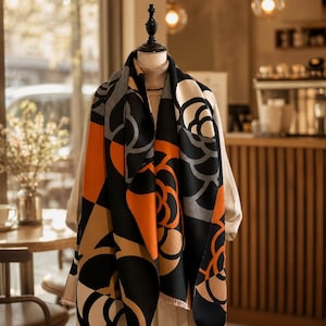 Oversized Abstract Floral Scarf, Geometric Pattern Shawl Wrap, Black Orange Neutral Pashmina