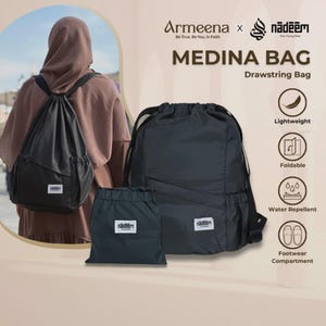 May include: A black drawstring bag labelled Medina Bag with a white logo patch. The bag features side pockets and adjustable straps. Accompanying icons indicate the bag is lightweight, foldable, water repellent, and includes a footwear compartment.