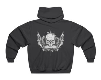 Embroidered Black Skull Hoodie | Winged Skull Back Graphic Sweatshirt