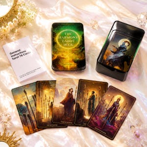 Op de afbeelding: De Harmony Tarot Deck set bevat een rechthoekig metalen blik met een groen en goudkleurig deksel, een zwarte opbergdoos met een kaart, een wit instructieboekje en vijf tarotkaarten met afbeeldingen van staven en figuren.