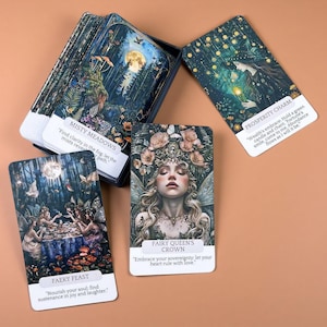 May include: A deck of oracle cards featuring fantasy illustrations. Cards include Misty Meadows, Prosperity Charm, Fairy Queen's Crown, and Fairy Feast. Each card displays a title and a short quote at the bottom, with vibrant, detailed artwork depicting forest scenes, fairies, and magical elements.