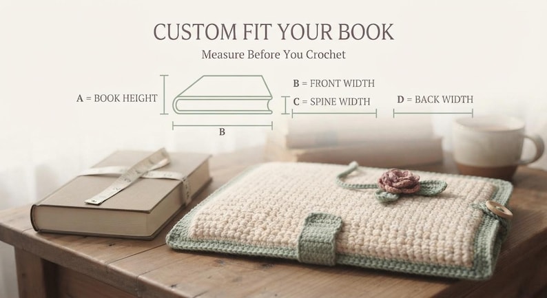 Op de afbeelding: Een gehaakte boekomslag in cr&egrave;me en saliegroen met een kleine roos als versiering en een knoopsluiting. De afbeelding bevat een diagram met de tekst CUSTOM FIT YOUR BOOK met instructies voor het meten van de boekhoogte, breedte en rug.