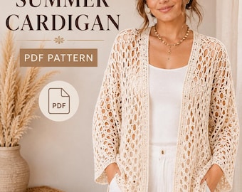 Op de afbeelding: Een beige gehaakt vest van mesh met een open voorkant en lange mouwen. De afbeelding bevat de tekst: CROCHET MESH SUMMER CARDIGAN, PDF PATTERN en DESIGNS OVATION. Een wit PDF-pictogram is ook zichtbaar aan de linkerkant.