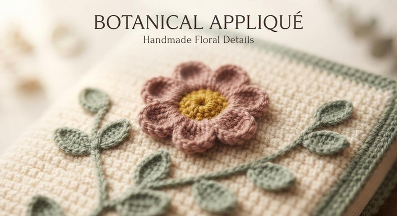 Op de afbeelding: Een cr&egrave;mekleurige gehaakte boekomslag met een oudroze bloem met een geel hart en applicaties van saliegroene blaadjes. De tekst BOTANICAL APPLIQU&Eacute; en Handmade Floral Details staat in donkerbruin bovenaan de afbeelding gedrukt.