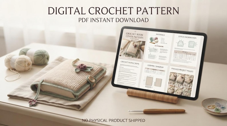 Op de afbeelding: Een digitaal haakpatroon in PDF-formaat op een tabletscherm, met instructies voor een beige boekomslag met een bloemaccent. Naast de tablet liggen twee bollen garen, een afgewerkte gehaakte boekomslag en een houten haaknaald.