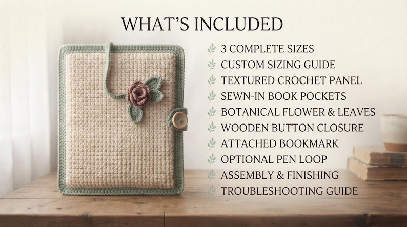 Op de afbeelding: Een beige gehaakte boekomslag met een saliegroene rand, een roosvormige versiering en een houten knoopsluiting. De tekst luidt: WHAT'S INCLUDED, 3 COMPLETE SIZES, CUSTOM SIZING GUIDE, TEXTURED CROCHET PANEL, SEWN-IN BOOK POCKETS, BOTANICAL FLOWER & LEAVES, WOODEN BUTTON CLOSURE, ATTACHED BOOKMARK, OPTIONAL PEN LOOP, ASSEMBLY & FINISHING, TROUBLESHOOTING GUIDE.