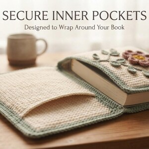 Op de afbeelding: Een cr&egrave;me en saliegroene gehaakte boekomslag met veilige binnenzakken en een bloemenapplicatie op de voorkant. De tekst SECURE INNER POCKETS Designed to Wrap Around Your Book is zichtbaar boven de opengeklapte boekomslag.