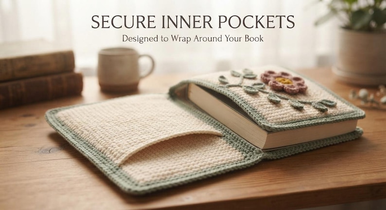 Op de afbeelding: Een cr&egrave;me en saliegroene gehaakte boekomslag met veilige binnenzakken en een bloemenapplicatie op de voorkant. De tekst SECURE INNER POCKETS Designed to Wrap Around Your Book is zichtbaar boven de opengeklapte boekomslag.