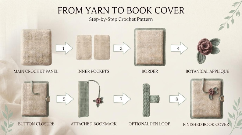 Op de afbeelding: Een stapsgewijs haakpatroon getiteld FROM YARN TO BOOK COVER. De visuele gids toont het assemblageproces voor een boekomslag, inclusief een hoofdhaakpaneel, binnenzakken, een rand, een botanische applicatie, een knoopsluiting, een bevestigde bladwijzer en een optionele penlus, resulterend in een afgewerkte boekomslag.