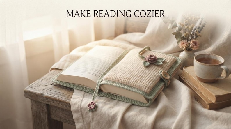 Op de afbeelding: Een beige gehaakte boekomslag met een lichtgroene rand, voorzien van een kleine gehaakte roos en bladversiering, een houten knoopsluiting en een bijpassende bladwijzer met een bloembedel. De tekst MAKE READING COZIER is zichtbaar.