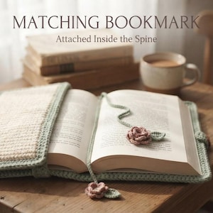 Op de afbeelding: Een gehaakte boekomslag in saliegroen en cr&egrave;me met een bijpassende bladwijzer die aan de rug is bevestigd. De bladwijzer heeft twee kleine gehaakte roosjes als versiering. De tekst MATCHING BOOKMARK Attached Inside the Spine is zichtbaar.