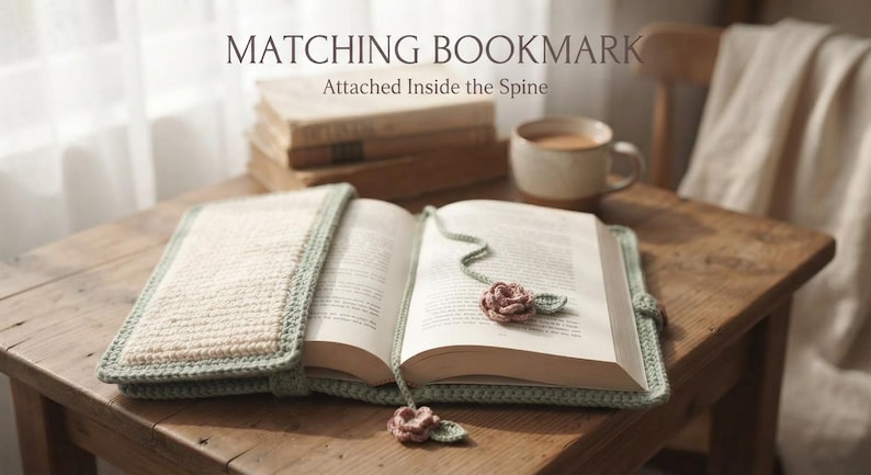 Op de afbeelding: Een gehaakte boekomslag in saliegroen en cr&egrave;me met een bijpassende bladwijzer die aan de rug is bevestigd. De bladwijzer heeft twee kleine gehaakte roosjes als versiering. De tekst MATCHING BOOKMARK Attached Inside the Spine is zichtbaar.