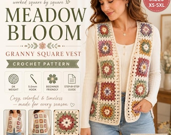 Op de afbeelding: Een haakpatroon voor een granny square vest genaamd Meadow Bloom. Het vest heeft een veelkleurig bloemvierkantontwerp met een open voorkant en een relaxte pasvorm. Het patroon bevat 9 maten van XS tot 5XL, voor DK-garen en een 5,0 mm haaknaald.