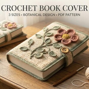 Op de afbeelding: Een gehaakte boekomslag met een botanisch ontwerp, een grote roze bloem en groene bladeren op een cr&egrave;mekleurige achtergrond, vastgezet met een houten knoop. De tekst luidt CROCHET BOOK COVER, 3 SIZES, BOTANICAL DESIGN, PDF PATTERN.