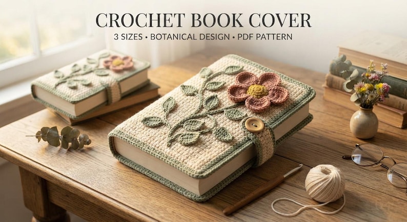 Op de afbeelding: Een gehaakte boekomslag met een botanisch ontwerp, een grote roze bloem en groene bladeren op een cr&egrave;mekleurige achtergrond, vastgezet met een houten knoop. De tekst luidt CROCHET BOOK COVER, 3 SIZES, BOTANICAL DESIGN, PDF PATTERN.