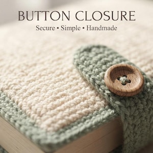 Op de afbeelding: Een gehaakte boekomslag in cr&egrave;me en saliegroen met een houten knoopsluiting. De tekst "BUTTON CLOSURE" en "Secure &bull; Simple &bull; Handmade" staat bovenaan gedrukt. De omslag heeft een gestructureerd steekpatroon met een saliegroene rand.