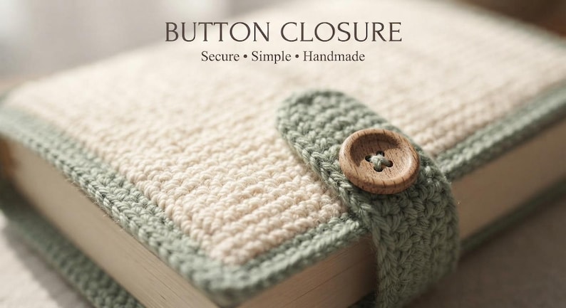 Op de afbeelding: Een gehaakte boekomslag in cr&egrave;me en saliegroen met een houten knoopsluiting. De tekst "BUTTON CLOSURE" en "Secure &bull; Simple &bull; Handmade" staat bovenaan gedrukt. De omslag heeft een gestructureerd steekpatroon met een saliegroene rand.