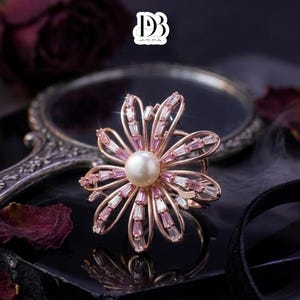 Pearl Flower Ring, 925 Sterling Silver, Gold Plated, Pink Gemstone Statement Ring