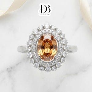 Golden Sapphire Oval Halo Ring, 925 Sterling Silver, Vintage Statement Cocktail Ring