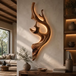 May include: A vertical wall-mounted light fixture crafted from a single piece of natural driftwood. The organic, twisted wood form features a smooth, polished finish with visible grain patterns and is backlit by a warm LED light source.
