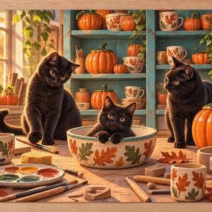 May include: Three black cats in a sunlit studio filled with autumn decor. One cat sits on the table, one rests inside a ceramic bowl decorated with orange and green leaves, and one stands beside a large orange pumpkin near paint supplies.