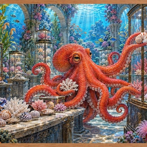 Octopus Jigsaw Puzzle for Adults with an Underwater Seashell Shop and Colorful Coral