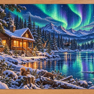 May include: A jigsaw puzzle depicting a snowy winter landscape with a glowing log cabin, a frozen lake, and snow-covered pine trees. The night sky features vibrant green and purple aurora borealis. Wildlife includes a fox, squirrel, and owl.