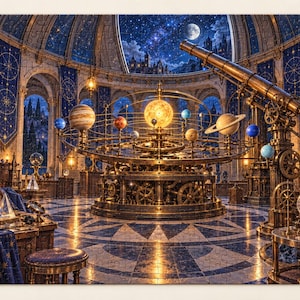 May include: A jigsaw puzzle depicting a grand observatory interior with a large brass orrery at the center, surrounded by planets, a telescope, globes, and crystal spheres. The scene features a starry night sky visible through a domed ceiling.
