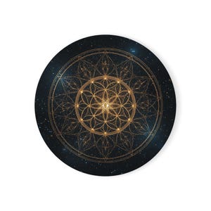 Porta-copos de cortiça com geometria sagrada, porta-copos com a Flor da Vida para estruturação da água, decoração zen dourada cósmica, presente espiritual para inauguração de casa, ferramenta de energia 432Hz