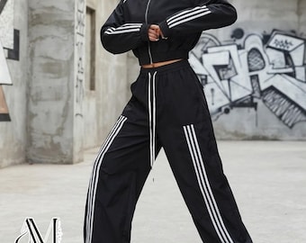 Stand Collar Jacket | Striped Wide Leg Pants | Sporty Set | Daily Street Style