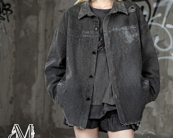 Washed Stripe Jacket | Ripped Wasteland Outerwear Top | Casual Layer | Edgy Street Outfit