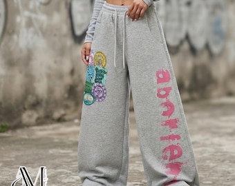 Retro Graffiti Joggers | Loose Wide Leg Trousers | Unisex Pants | Letter Print Bottoms