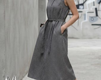 Plaid Sleeveless Dress | Slimming Waist Midi Dress | Picnic Outfit | Flowy A Line