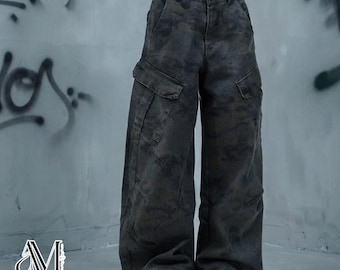 Retro Cargo Pants | Camo Curved Leg Trousers | Streetwear Bottoms | Casual Utility Slacks