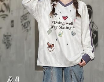 V Neck Sweatshirt | Graphic Long Sleeve Top | Daily Wear | Y2K Casual Style