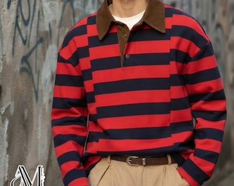 Striped Polo Sweatshirt | Collar Long Sleeve Top | Daily Wear | Minimalist Streetwear Style