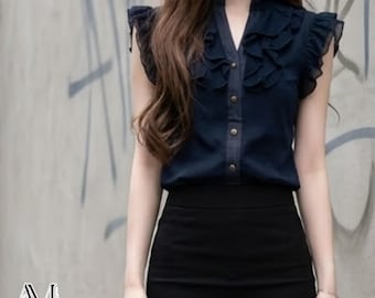 V Neck Top | Ruffle Sleeve Summer Shirt | Date Wear | Soft Feminine Style