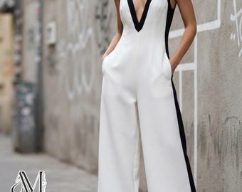 Wide Leg Jumpsuit | V Neck Sleeveless Romper | With Pockets | Casual Party Outfit