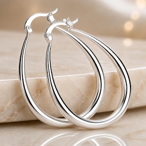 Oval Hoop Earrings 925 Sterling Silver Mid Size Teardrop Italian