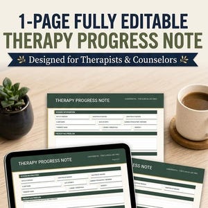 May include: A digital 1-page therapy progress note template displayed on a tablet screen and printed paper. The document features sections for session information, presenting problems, clinical observations, and risk assessments with dark green headers.