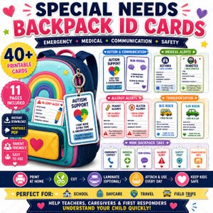 May include: A digital download set of printable special needs backpack ID cards featuring a blue backpack with a rainbow design. The set includes various medical, allergy, and communication alert cards with text, icons, and fillable fields for emergency contact information.