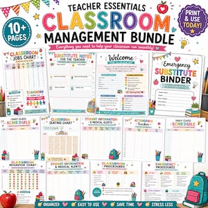 Könnte beinhalten: Ein Klassenmanagement-Paket mit über 10 druckbaren Seiten, darunter ein Aufgabenplan, Notizen für Vertretungslehrkräfte, ein Begrüßungsblatt, ein Notfallordner-Deckblatt, Tagespläne, Sitzpläne, medizinische Hinweise und Formulare.