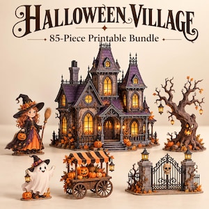 以下が含まれることがあります： 85ピースのハロウィンビレッジ印刷用バンドル。紫とグレーの大きなゴシック様式の邸宅、ほうきを持った魔女、ランタンを持った幽霊、カボチャのカート、不気味な木、ドクロの装飾が施された門、オレンジ色の落ち葉が含まれています。