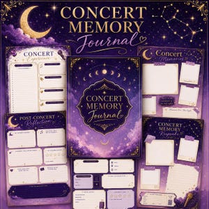 Puede incluir: Un diario de recuerdos de conciertos de color morado con un tema celestial que incluye una luna creciente, estrellas y nubes. El diario incluye varias páginas para experiencias, reflexiones y recuerdos con texto dorado y bordes decorativos.